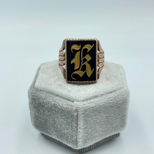 Antique Victorian 10K Gold Onyx "K" Initial Signet Ring Vintage