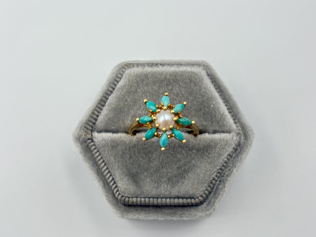 Vintage 18K Gold Turquoise & Pearl Flower Motif Cluster Ring - Etsy