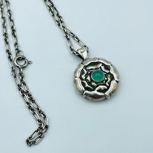 Vintage Georg Jensen Denmark Sterling Silver Green Stone Flower Pendant