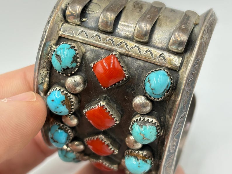 Vintage Navajo Sterling Silver Turquoise Coral Wide Carinated Edge Cuff ...