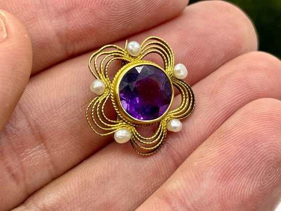 Antique Art Nouveau 14K Gold Amethyst & Pearl Flo… - image 4