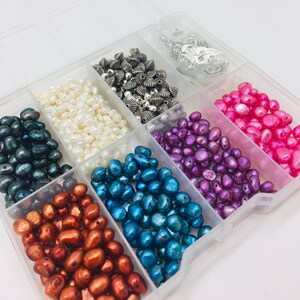 Peut inclure: Une bo&icirc;te de rangement en plastique transparente remplie de perles de diff&eacute;rentes couleurs. Les perles sont dans des compartiments s&eacute;par&eacute;s et comprennent du noir, du blanc, du cuivre, du bleu, du violet et du rose.