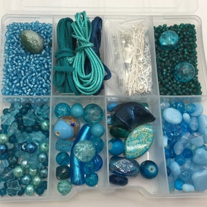 Bead & Jewellery Making Kit in Turquoise and Azure Tones - Vibrant and fun -  Unique Gift -  with basic beaded jewellery instructions - Box