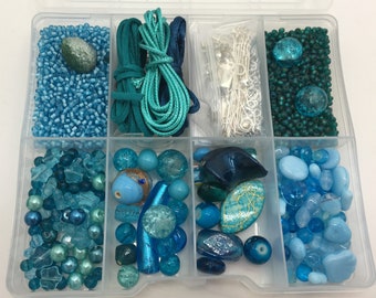 Bead & Jewellery Making Kit in Turquoise and Azure Tones - Vibrant and fun -  Unique Gift -  with basic beaded jewellery instructions - Box