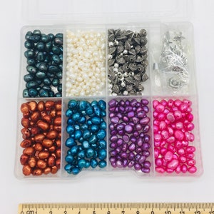 Peut inclure: Une bo&icirc;te de rangement en plastique transparent remplie de diff&eacute;rents types de perles. La bo&icirc;te comporte huit compartiments, chacun rempli d'une couleur de perles diff&eacute;rente. Les perles sont des couleurs suivantes&nbsp;: noir, blanc, argent, cuivre, bleu, violet et rose.