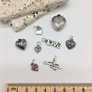 Peut inclure: Assortiment de pendentifs de charme en argent avec des c&oelig;urs, des fleurs et le mot "LOVE". Les breloques sont pr&eacute;sent&eacute;es sur une surface blanche avec une r&egrave;gle en bois pour l'&eacute;chelle.