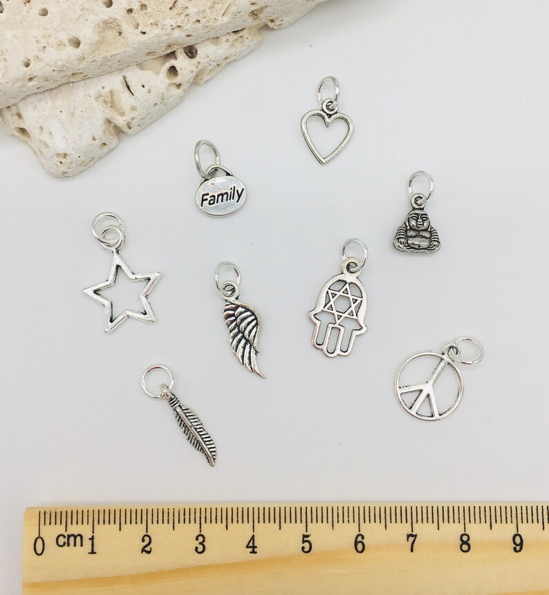 Peut inclure: Assortiment de pendentifs de charme en argent, comprenant un c&oelig;ur, une &eacute;toile, une plume, une aile, une main avec un &oelig;il, un signe de paix, un Bouddha et un charme avec le mot "Famille" dessus.