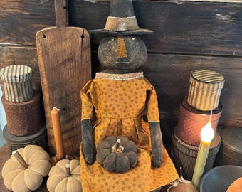 Primitive Pumpkin Witch Doll | Folk Art | Hand Sewn