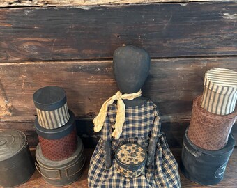 Primitive Folk Art Doll | Hand Sewn Grungy Prairie Style, Coffee Stained Dress