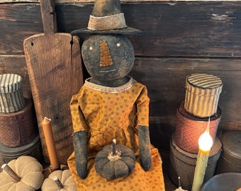 Primitive Pumpkin Witch Doll | Folk Art | Hand Sewn