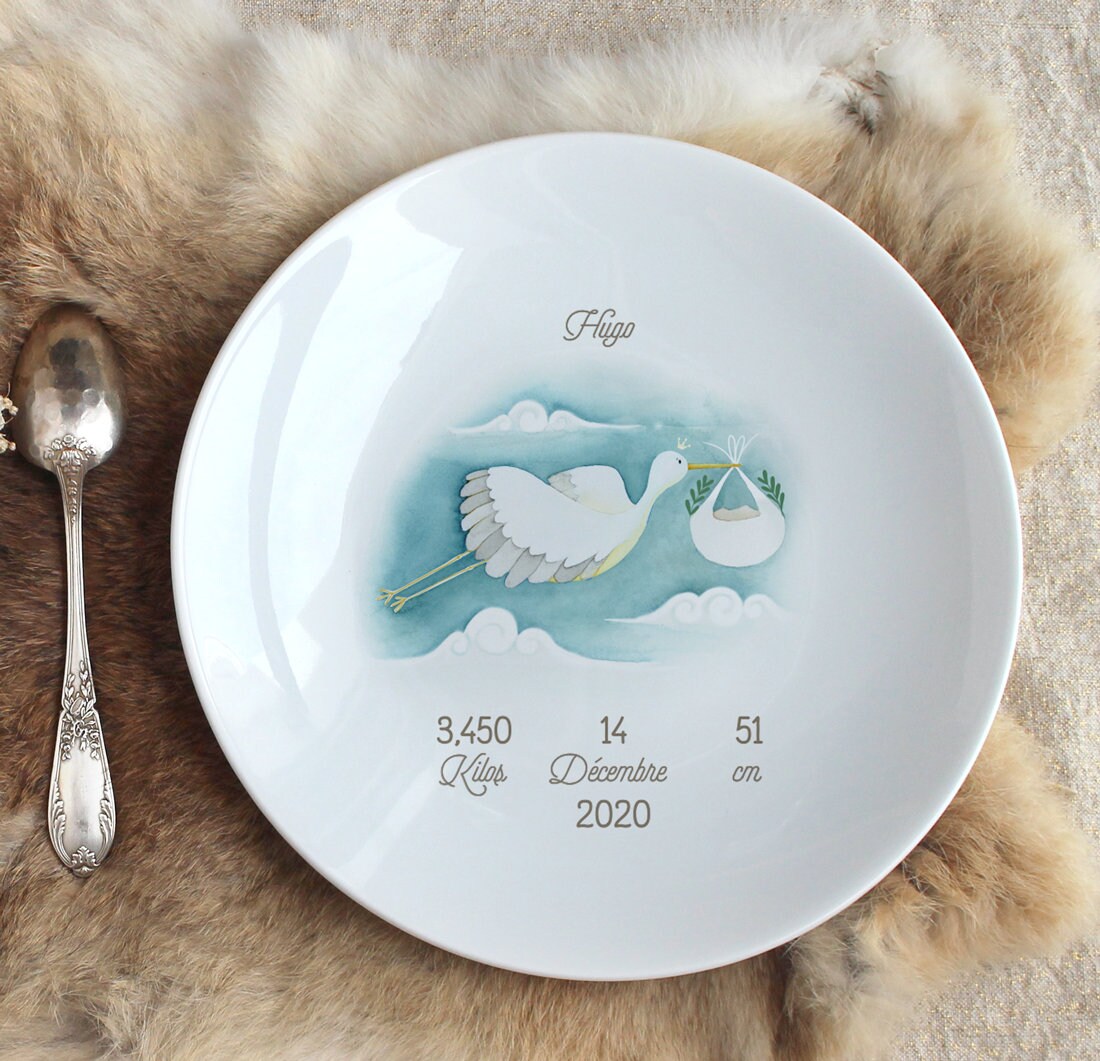 Cadeau Naissance-Assiette Cigogne Volante