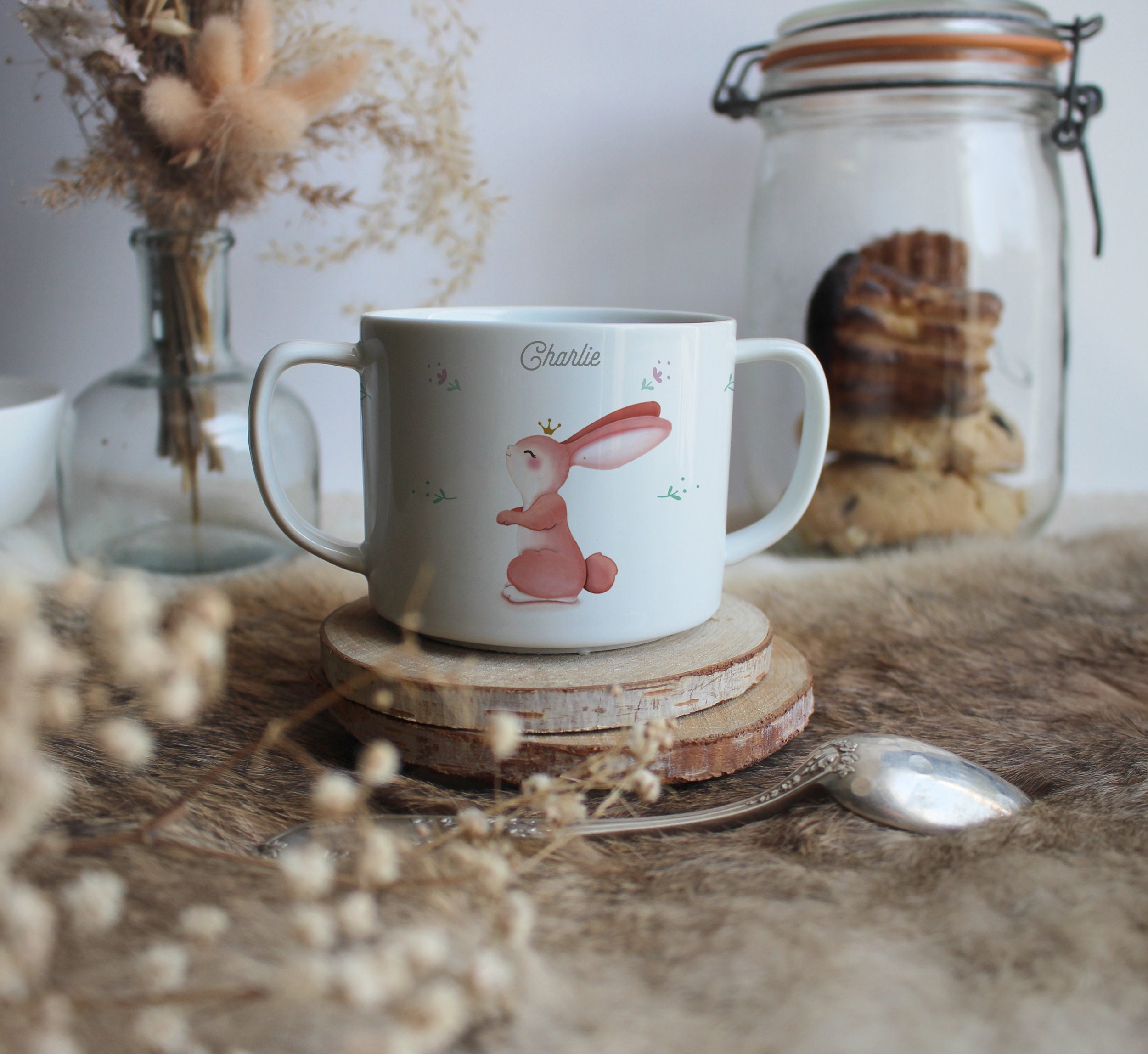 Tasse Double Anse Lapin Fleuri