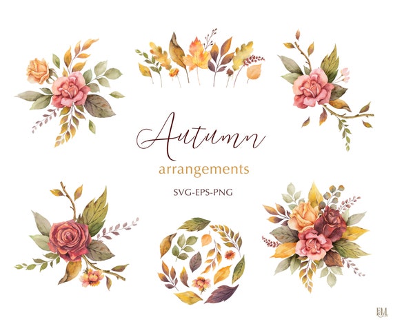 Download Watercolor Autumn Bouquet Fall Clip Art Dried Flower Etsy