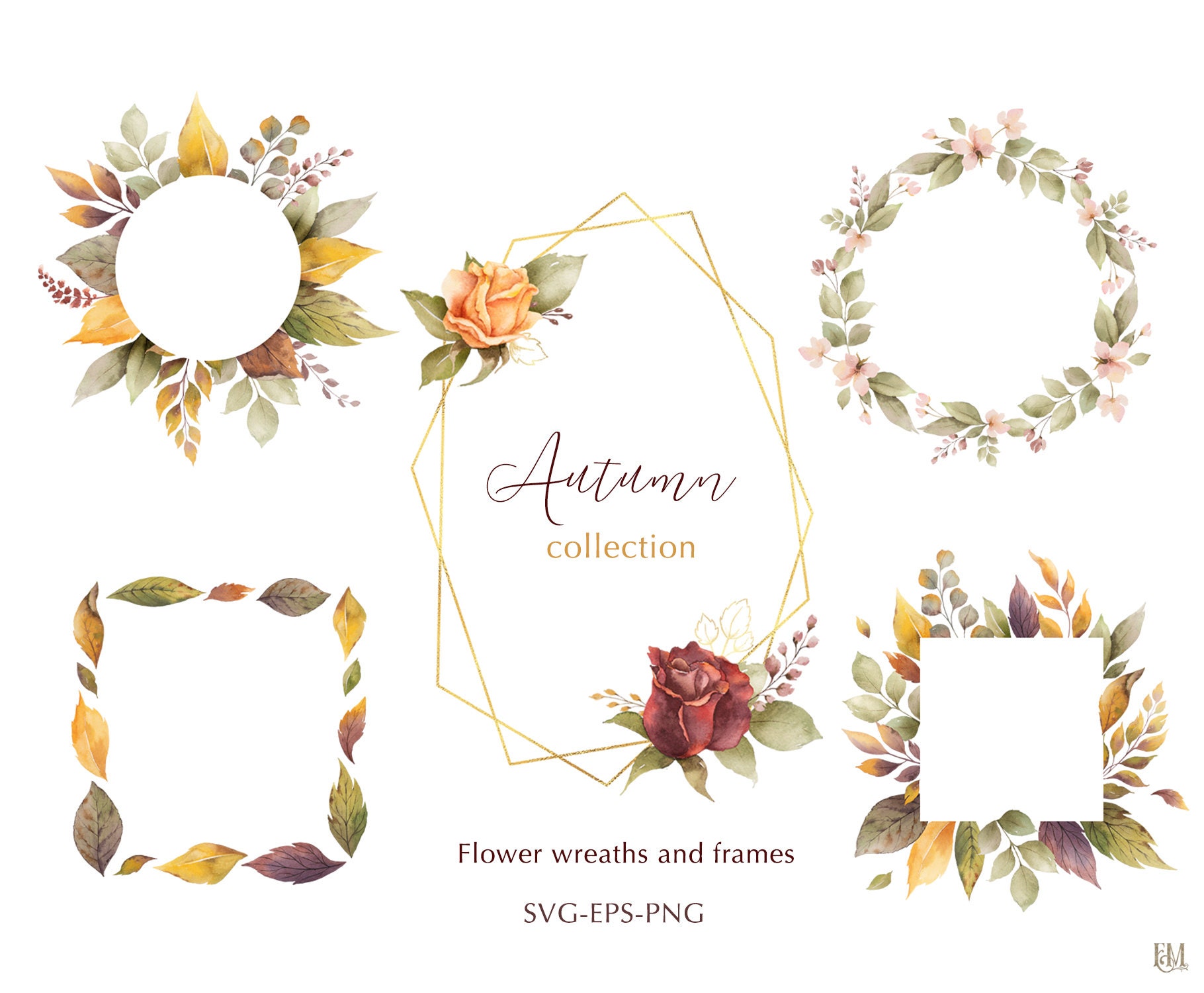 Download Watercolor Autumn Fashion Clipart Fall Leaves Floral Wreath Etsy