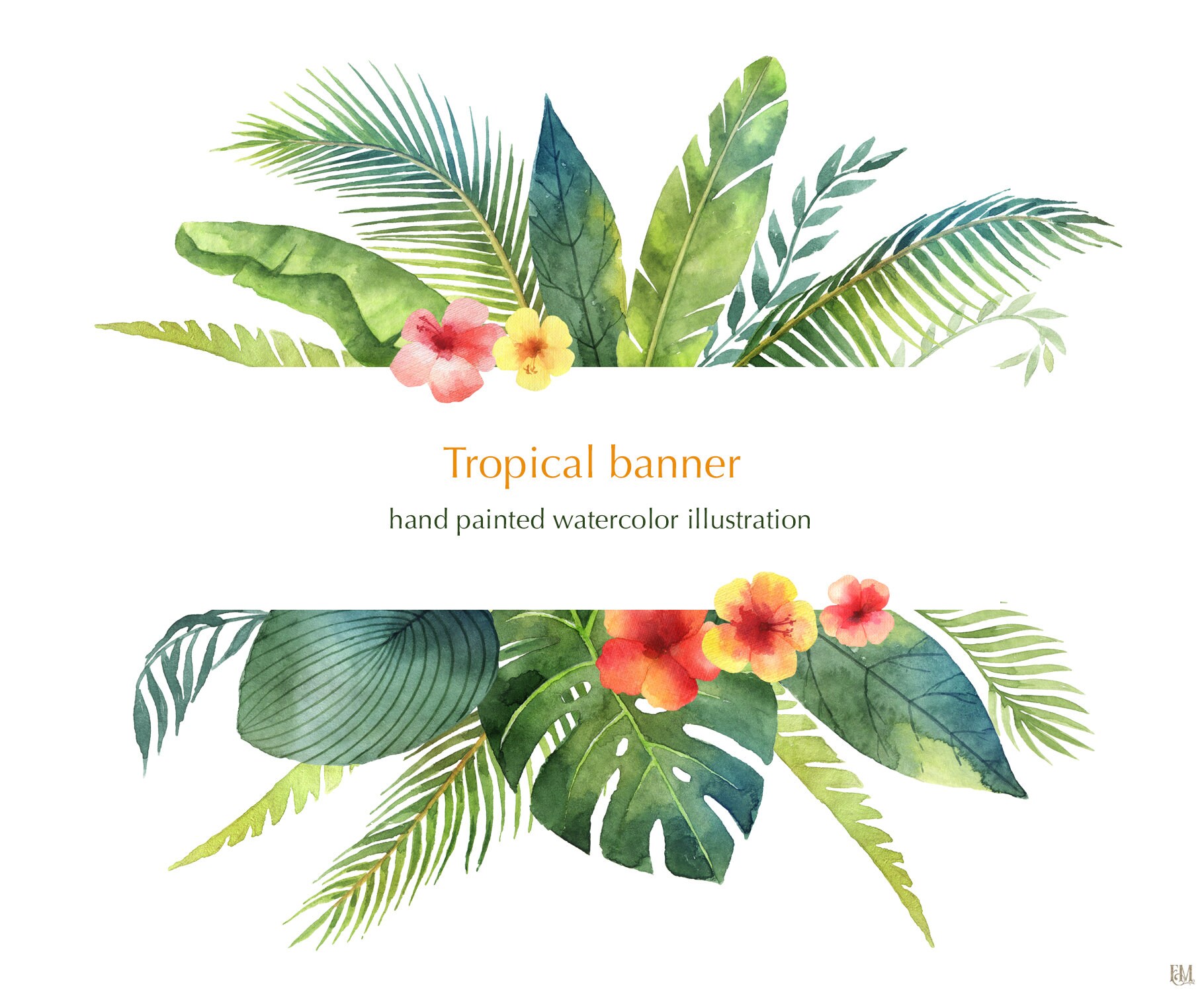 Download Exotic Leaves And Flowers Watercolor Clipart Tropical Party Etsy
