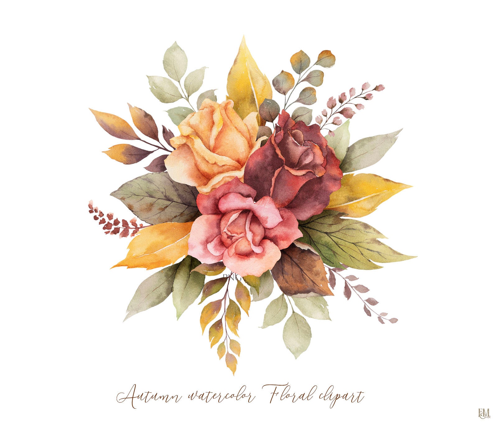 Watercolor fall clipart. Autumn bouquet Thanksgiving clipart. Etsy