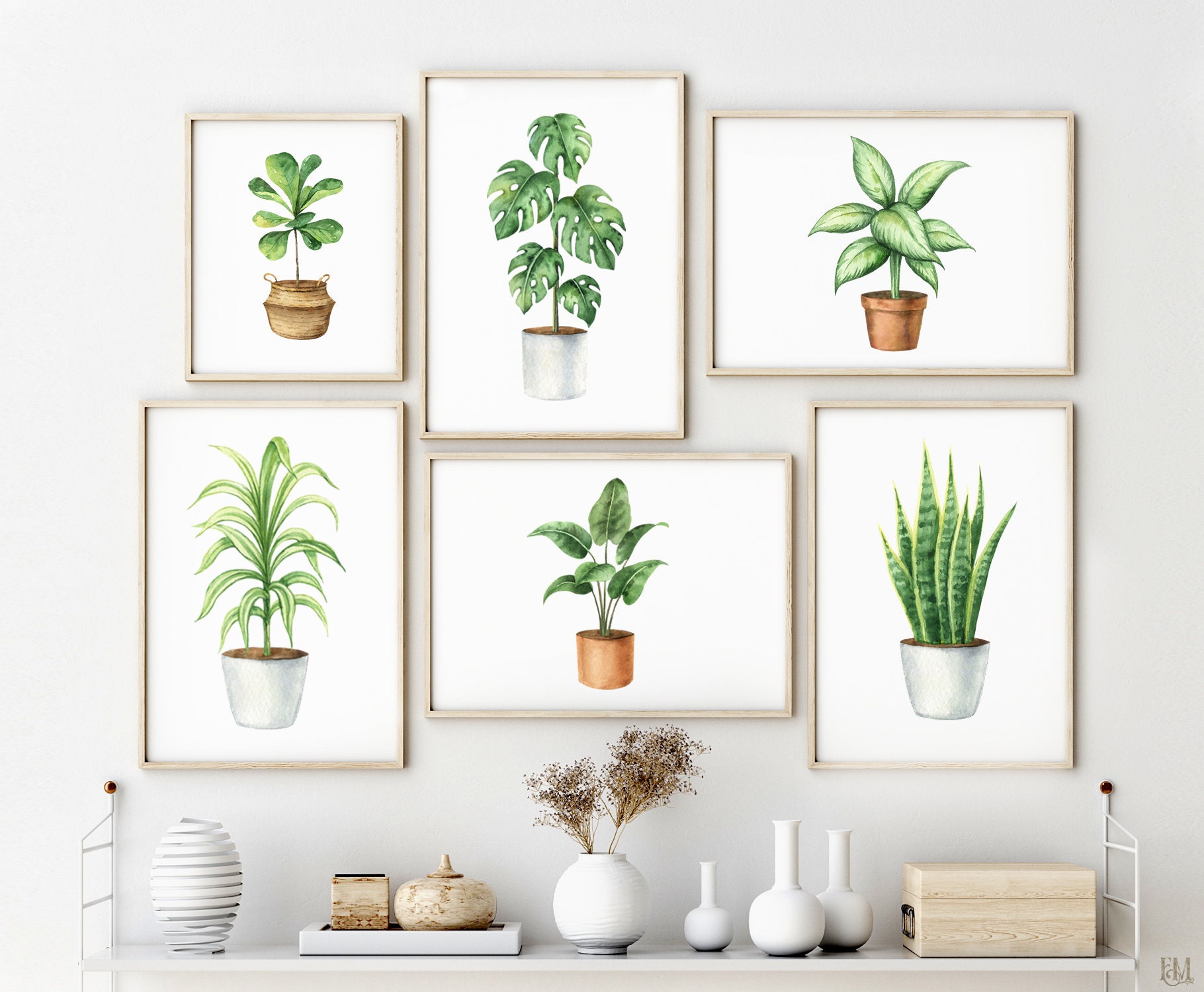 Watercolor houseplant wall art print. Plant lover gift. Etsy