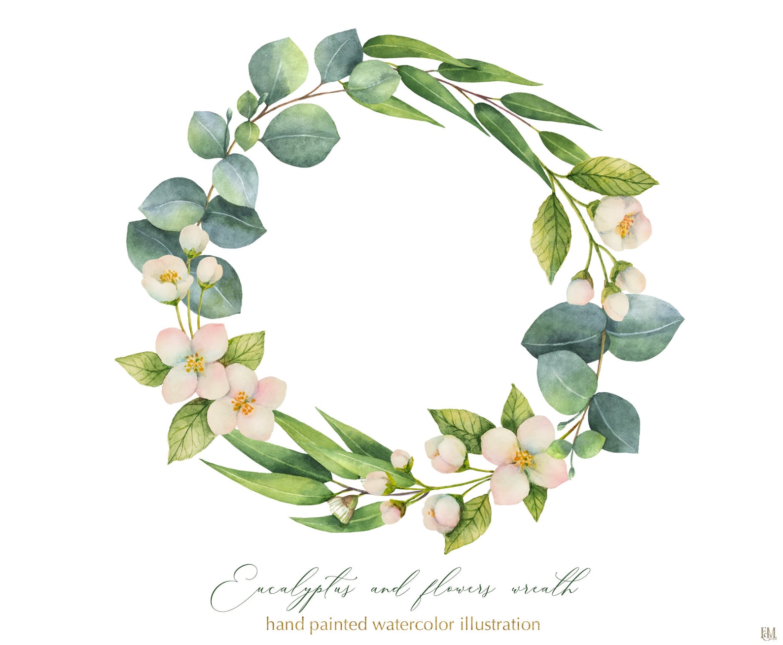 Watercolor hand painted eucalyptus and white flower wreath. Etsy