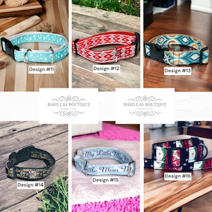 May include: Ten different designs for dog collars. The collars are made of various materials and feature different patterns and colors, including blue, red, white, black, gold, and brown. Some collars have text on them, such as "My Little Man".