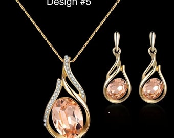 Water, droplet, necklace earring set/oval crystal stud earring necklace set/rhinestone/gifts for her