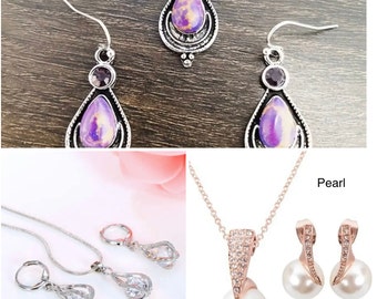 Pearl and gold necklace and earring set/clear, gemstone, and silver necklace and earring set/purple antique necklace and earring set/gifts
