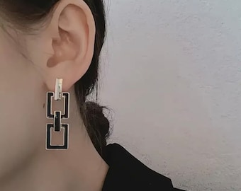 Hollow Rectangle Shape Black Enamel Dangle Earrings Alloy Accessories/barillas boutique/gifts for her