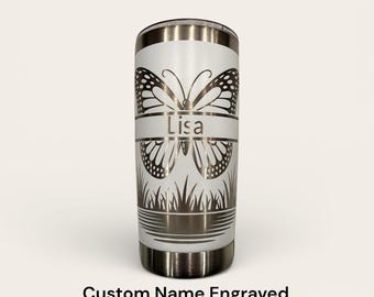 Personalized Butterfly Tumbler | Custom Name Stainless Steel Cup | Laser Engraved Travel Mug | Gift for Her | 20oz Tumbler