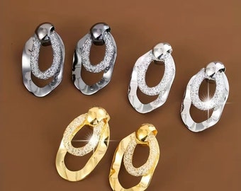 Hollow, oval shaped mesh pattern, shiny Zircon dangle earring/plated jewelry/gift for her/sparkly/silver