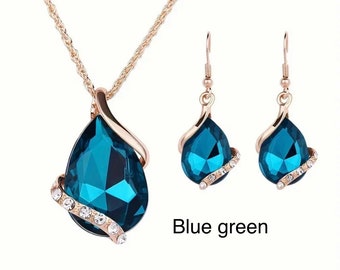 3pcs Earrings Plus Necklace Dainty Jewelry Set 14k Gold Plated Inlaid Teardrop Shape Rhinestone Multi Colors