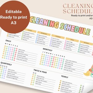 May include: A printable A3 cleaning schedule template featuring a colorful pastel header, daily, weekly, monthly, quarterly, and yearly task lists, and cute illustrations of a smiling broom and bucket, with text reading CLEANING SCHEDULE.