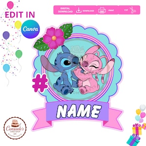 Könnte beinhalten: Ein Tortenaufsatz mit den Charakteren Stitch und Angel, einer rosa Blume und grünen Blättern. Das Design umfasst einen hellblauen, gewellten Rand, ein lila Banner mit dem Wort "NAME" und das Hashtag-Symbol. Die Worte "EDIT IN Canva" sind ebenfalls vorhanden.