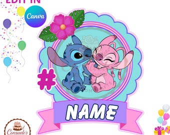 Canva Editierbarer Stitch Angel Cake Topper, Stitch Download Print, DIY Druckbare Geburtstagsdekoration, Digitale Datei, Sofortiger Download PDF & PNG