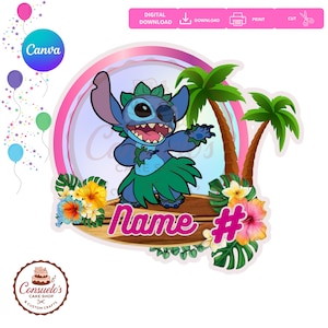 Puede incluir: Un gráfico digital que muestra a un personaje alienígena azul con una falda de hierba verde y una corona de hojas verdes, de pie sobre una tabla de surf de madera. El diseño incluye dos palmeras, flores tropicales y el texto Name # en rosa brillante.