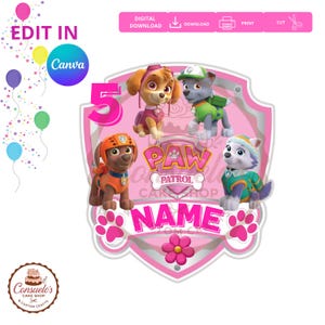 Puede incluir: Un gráfico digital de cumpleaños con temática de Paw Patrol que incluye el número 5, el logotipo de Paw Patrol y cuatro personajes de dibujos animados, incluidos Skye, Rocky, Zuma y Everest. El diseño tiene un borde de escudo rosa y un nombre.