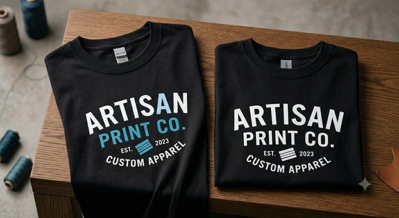 Pu&ograve; includere: Due magliette nere a girocollo con la scritta bianca e azzurra ARTISAN PRINT CO. EST. 2023 CUSTOM APPAREL. La maglietta a sinistra presenta una 'A' azzurra e una grafica azzurra, mentre quella a destra ha testo e grafica di colore bianco.
