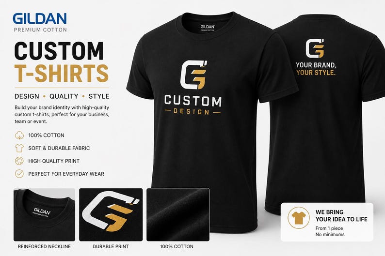 Pu&ograve; includere: Una t-shirt nera a maniche corte con girocollo e un logo bianco e oro sul petto e sulla schiena. La parte anteriore mostra la scritta CUSTOM DESIGN, mentre il retro presenta la scritta YOUR BRAND, YOUR STYLE. La maglia &egrave; in 100% cotone.