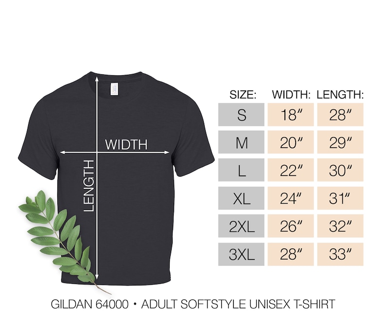 Pu&ograve; includere: Una t-shirt unisex Gildan 64000 grigio scuro con una tabella delle taglie che mostra le misure di larghezza e lunghezza in pollici per le taglie dalla S alla 3XL, da 18 per 28 pollici a 28 per 33 pollici, con un rametto di foglie verdi.