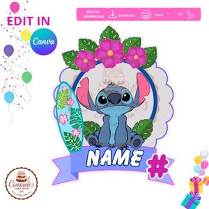 Puede incluir: Un personaje de dibujos animados azul con orejas grandes y una tabla de surf, rodeado de flores rosas y hojas verdes. El diseño incluye el texto "NAME #" en una pancarta y las palabras "EDIT IN Canva". Es un diseño de decoración de pastel.