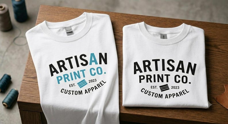 Pu&ograve; includere: Due magliette bianche con il testo nero ARTISAN PRINT CO. CUSTOM APPAREL EST. 2023. La maglietta a sinistra include una A azzurra e una grafica blu, mentre quella a destra presenta testo e grafica interamente di colore nero.