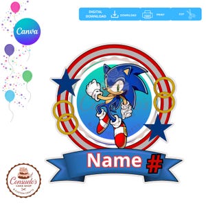 Puede incluir: Un adorno circular para pastel con el personaje Sonic the Hedgehog en azul, rojo y blanco. El diseño incluye anillos dorados y estrellas azules. Una pancarta azul en la parte inferior dice "Name #". La imagen también incluye el logotipo de Canva y un logotipo de pastelería.
