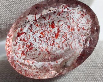 Enorme Super Seven iniettato di sangue, quarzo lepidocrocite ovale da 24 carati, pietra naturale con melodia di fuoco a puntini rossi per ciondolo importante, chakra della radice, gemma OOAK