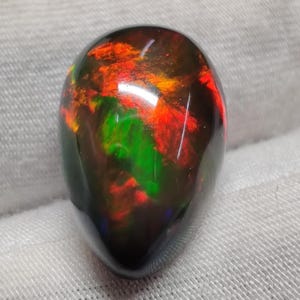 Può includere: Una gemma di opale nero lucidata, di forma ovale. L'opale mostra vibranti colori interni di rosso, verde e arancione, con una superficie lucida e riflettente. La gemma è posta su uno sfondo bianco.