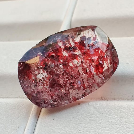 Natural Super Seven Cushion Faceted Gem, Rare Melody Stone with Red Lepidocrocite - 8.4cts - 16x11x7mm