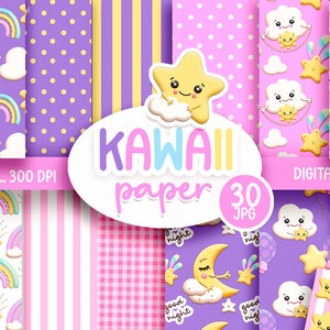 Kawaii digitaal papier, Sunshine clipart, Zon en maan clipart, regenboog en ster, Digitale download.