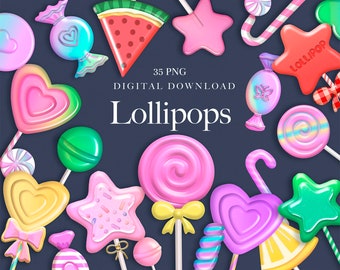 May include: A set of 35 digital clipart images of colorful lollipops, candy canes, and star-shaped candies. The images are perfect for crafting, scrapbooking, and other creative projects.