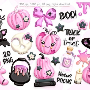 May include: A set of 20 pink and black Halloween themed digital clipart images. The images include a bat, a pumpkin, a witch's hat, a skull, a cauldron, a gingerbread person, a spider, a bow, a potion bottle, a candle, a ghost, and the words "Happy Halloween", "Boo!" and "Trick or Treat".