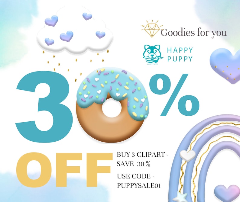 May include: A blue and yellow graphic with a donut and the text "30% OFF" and "BUY 3 CLIPART - SAVE 30% USE CODE - PUPPYSALE01".