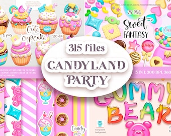 Paquete de imágenes prediseñadas de Candyland: Cupcakes y letras de ositos de goma (papel digital)