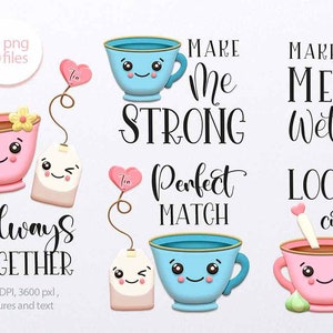 Taza de té y bolsa de té clipart, pareja Kawaii png, Best friends clipart, descarga digital.