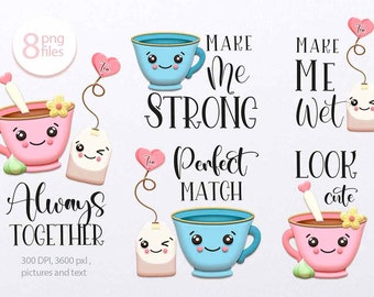 Tea cup and tea bag clipart, Kawaii couple png, Best friends clipart, Digital download.